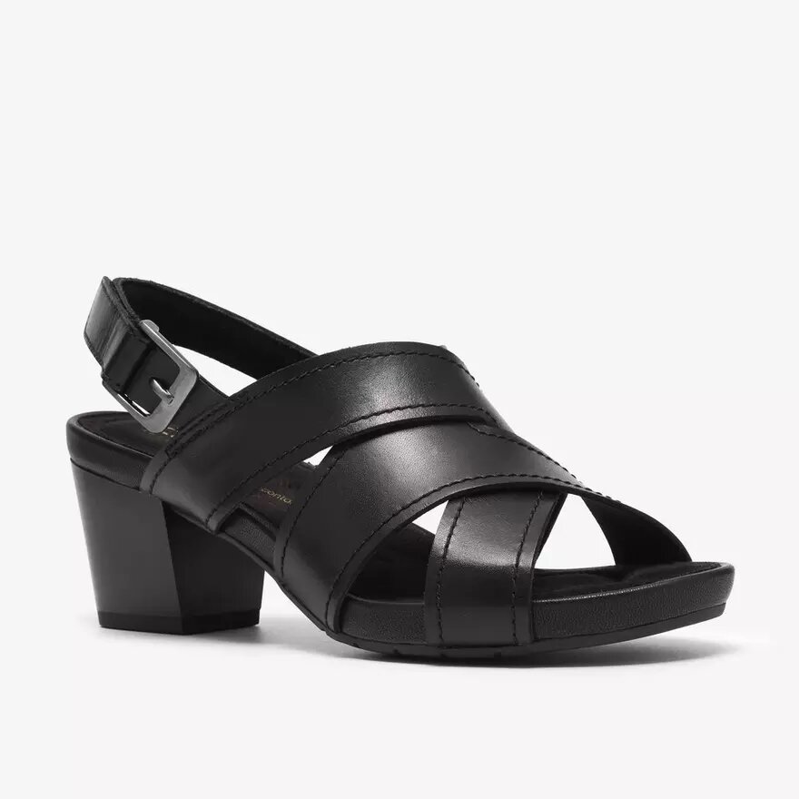 Sandalias de tacón de cuero negro Kymber Shine para mujer Sandalias de tacón de cuero negro Kymber Shine para mujer