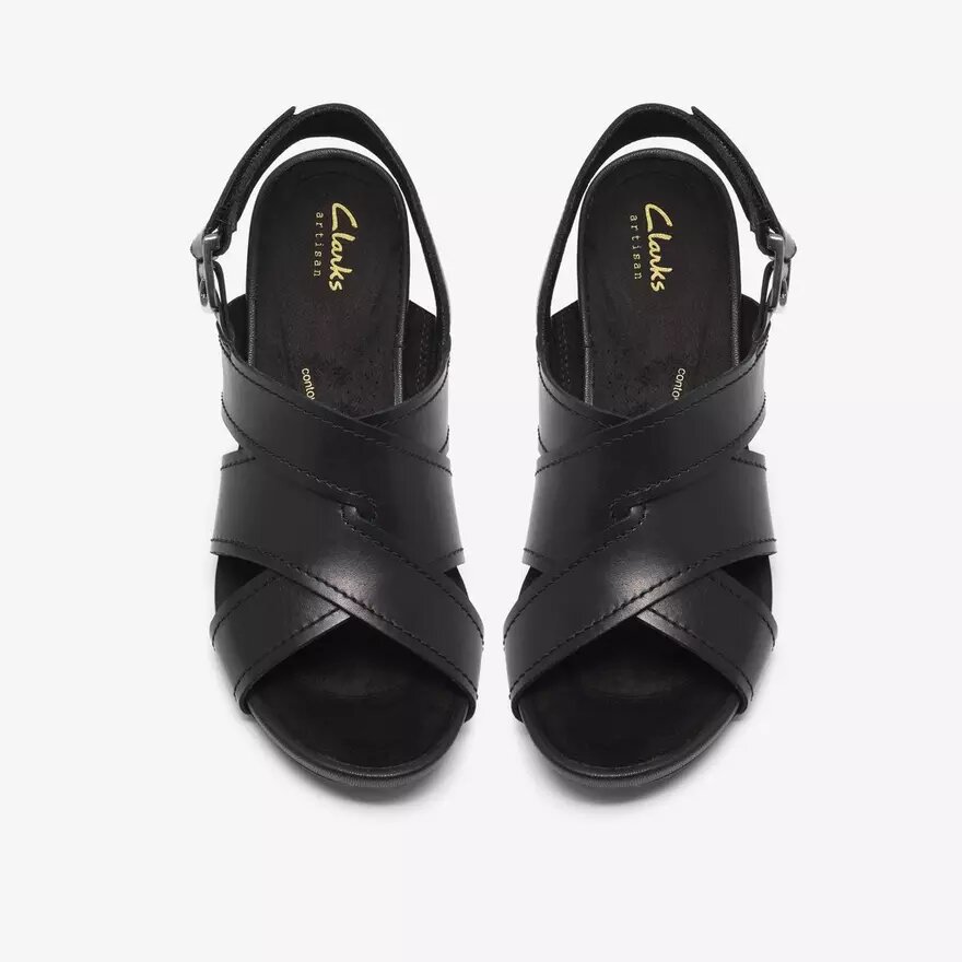Sandalias de tacón de cuero negro Kymber Shine para mujer Sandalias de tacón de cuero negro Kymber Shine para mujer