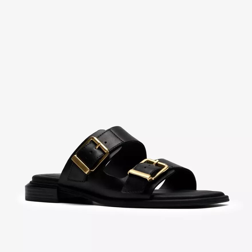 Sandalias planas de cuero negro Ariany Bay para mujer Sandalias planas de cuero negro Ariany Bay para mujer