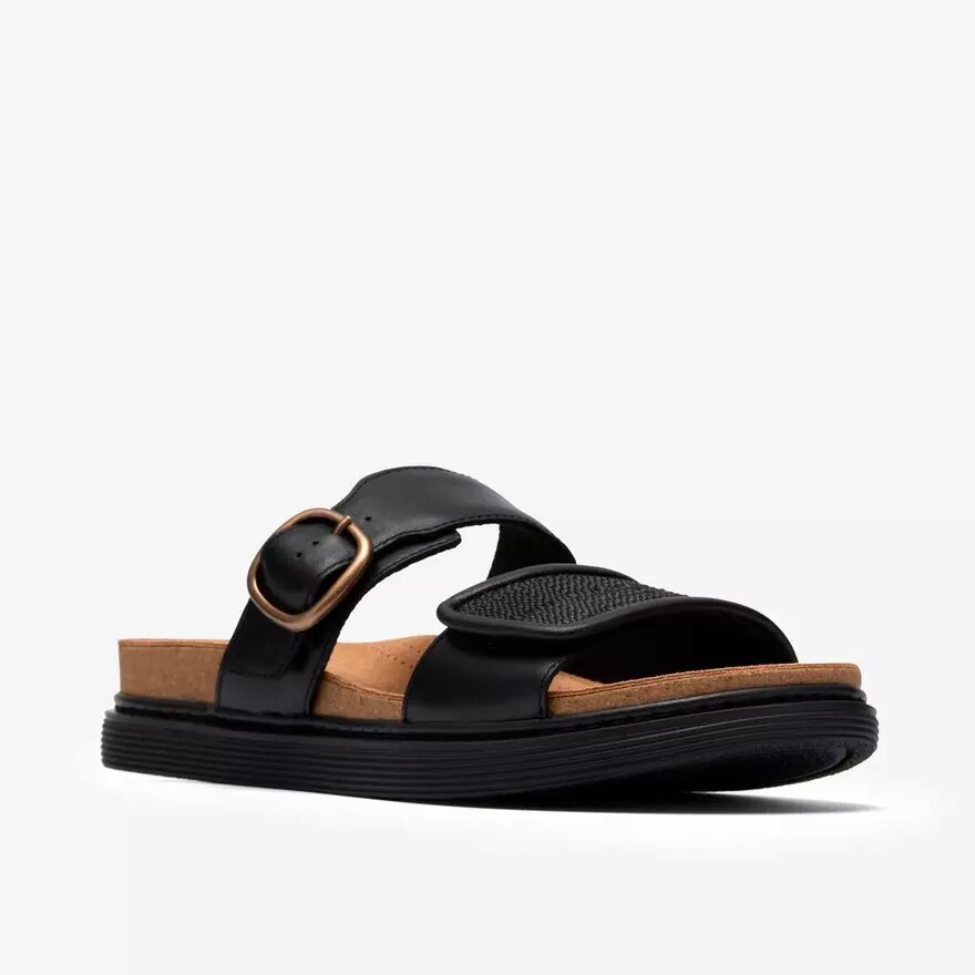Sandalias planas de cuero negro Arwell Step para mujer Sandalias planas de cuero negro Arwell Step para mujer