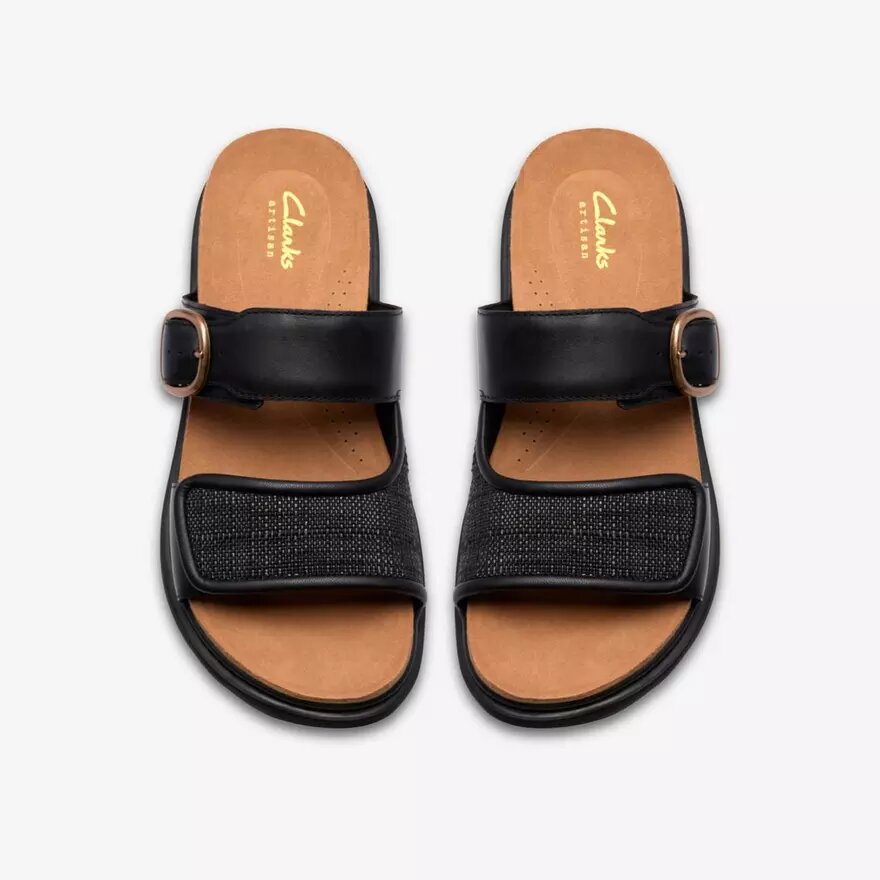 Sandalias planas de cuero negro Arwell Step para mujer Sandalias planas de cuero negro Arwell Step para mujer